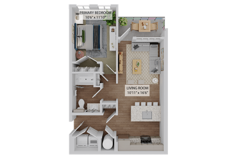 Floor plan for 1 bed, 1 bath, 689 sqft